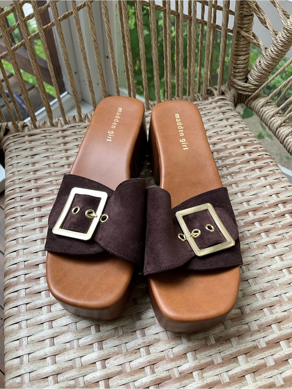Madden Girl Dark Brown Suede Buckle Slide Sandals